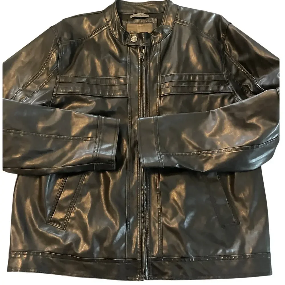 BKE Mens Vtg Quality Faux Leather DK Brown LS Moto Jacket Band Collar Zip XL